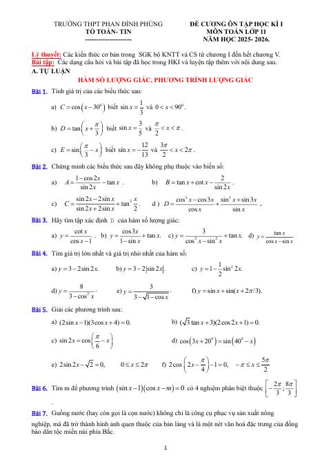 Đề cương học kì 1 Toán 11 năm 2025 – 2026 trường THPT Phan Đình Phùng – Hà Nội